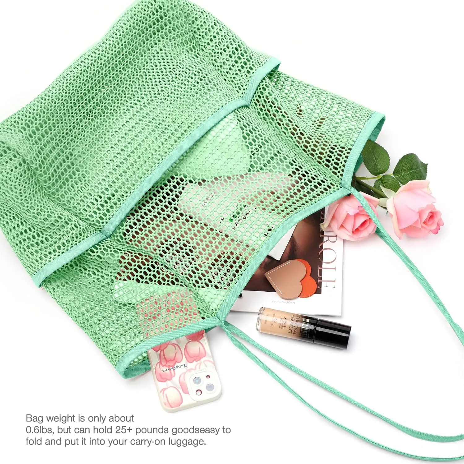 KPX Beach Bag with Mini Pocket, Beach Tote Bags for Women Large Foldable Mesh Swimming Pool Travel Bags - Sandproof