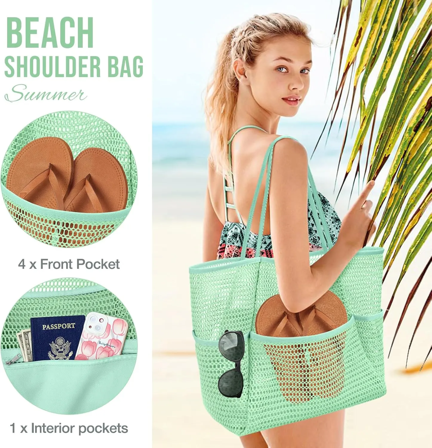 KPX Beach Bag with Mini Pocket, Beach Tote Bags for Women Large Foldable Mesh Swimming Pool Travel Bags - Sandproof