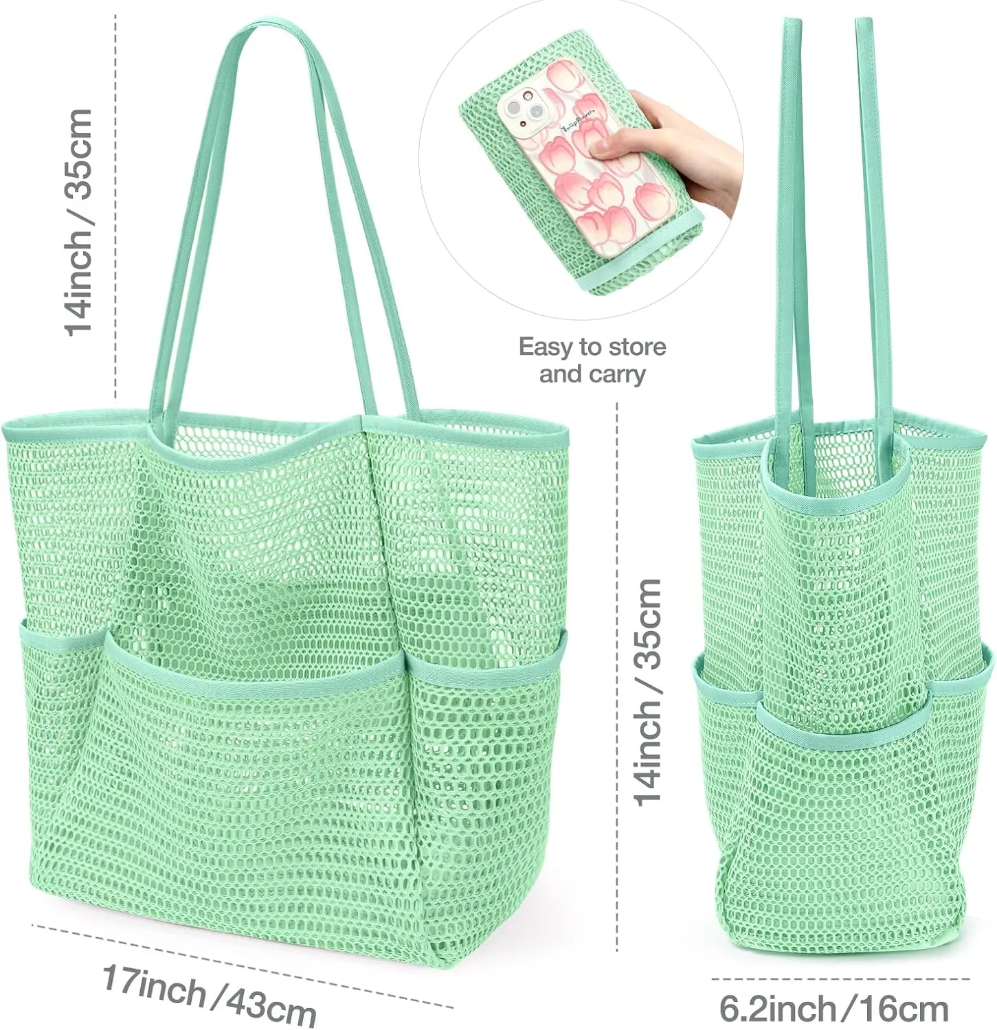 KPX Beach Bag with Mini Pocket, Beach Tote Bags for Women Large Foldable Mesh Swimming Pool Travel Bags - Sandproof