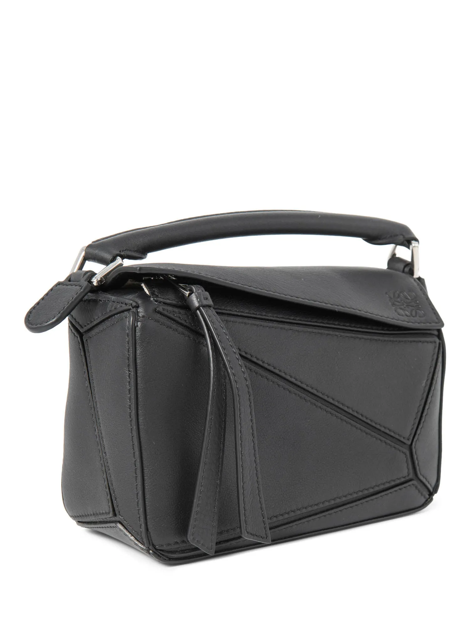 Loewe Logo Leather Mini Puzzle Messenger Bag Black Silver