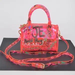 Mini Neon Pink Graffiti PVC Boston Bag | Tiny Crossbody Bag | 6.25"W x 4.25"H x 3.25"D