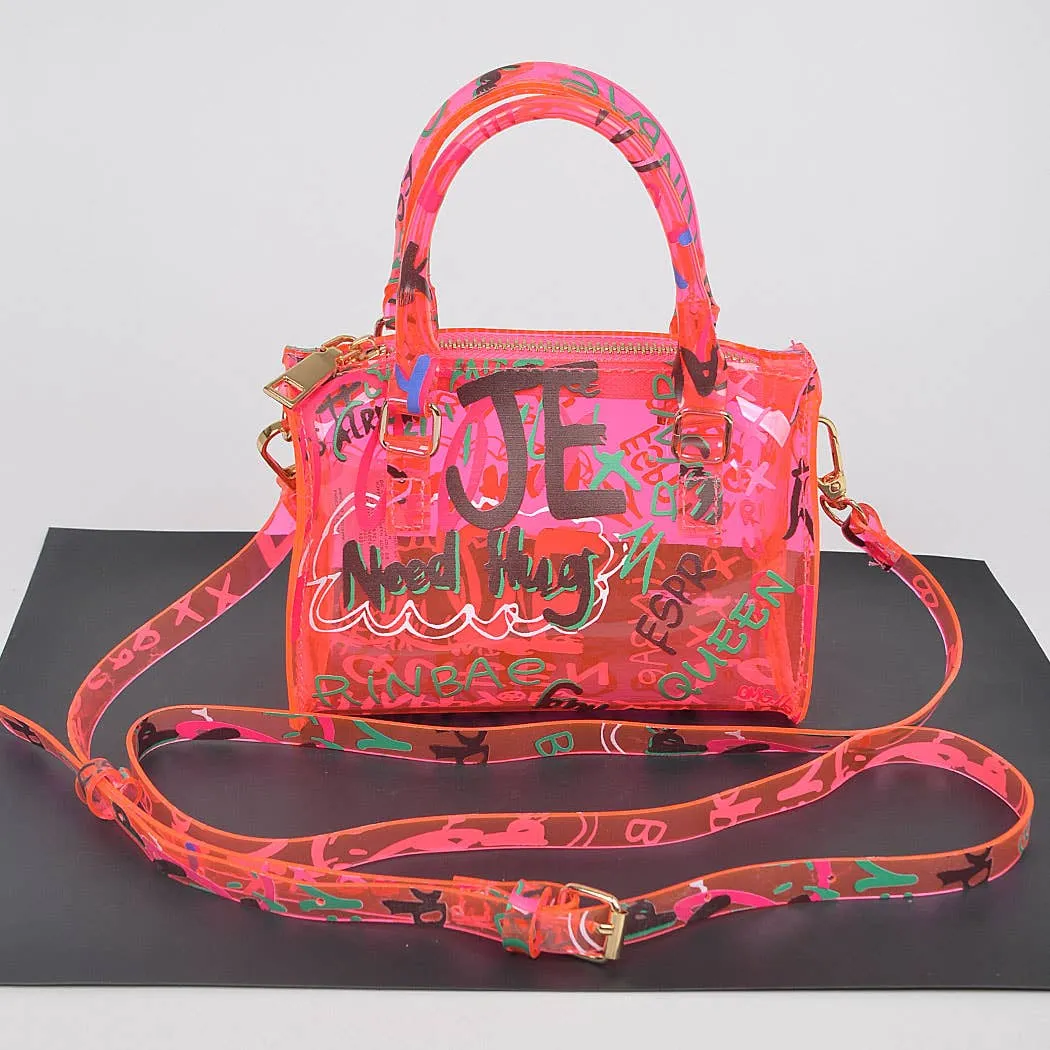 Mini Neon Pink Graffiti PVC Boston Bag | Tiny Crossbody Bag | 6.25"W x 4.25"H x 3.25"D