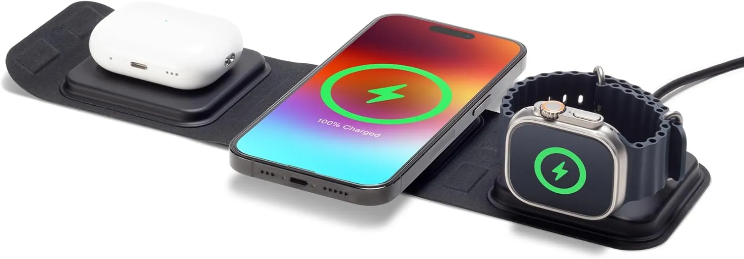 Mophie 3-in-1 Travel Charger v2 with MagSafe - Portable Wireless Charging Hub, Compatible with Apple Devices, iPhone 16/15/14/13/12, Apple Watch Series 10 to 1 & Ultra, AirPods Pro/3rd Gen, Black