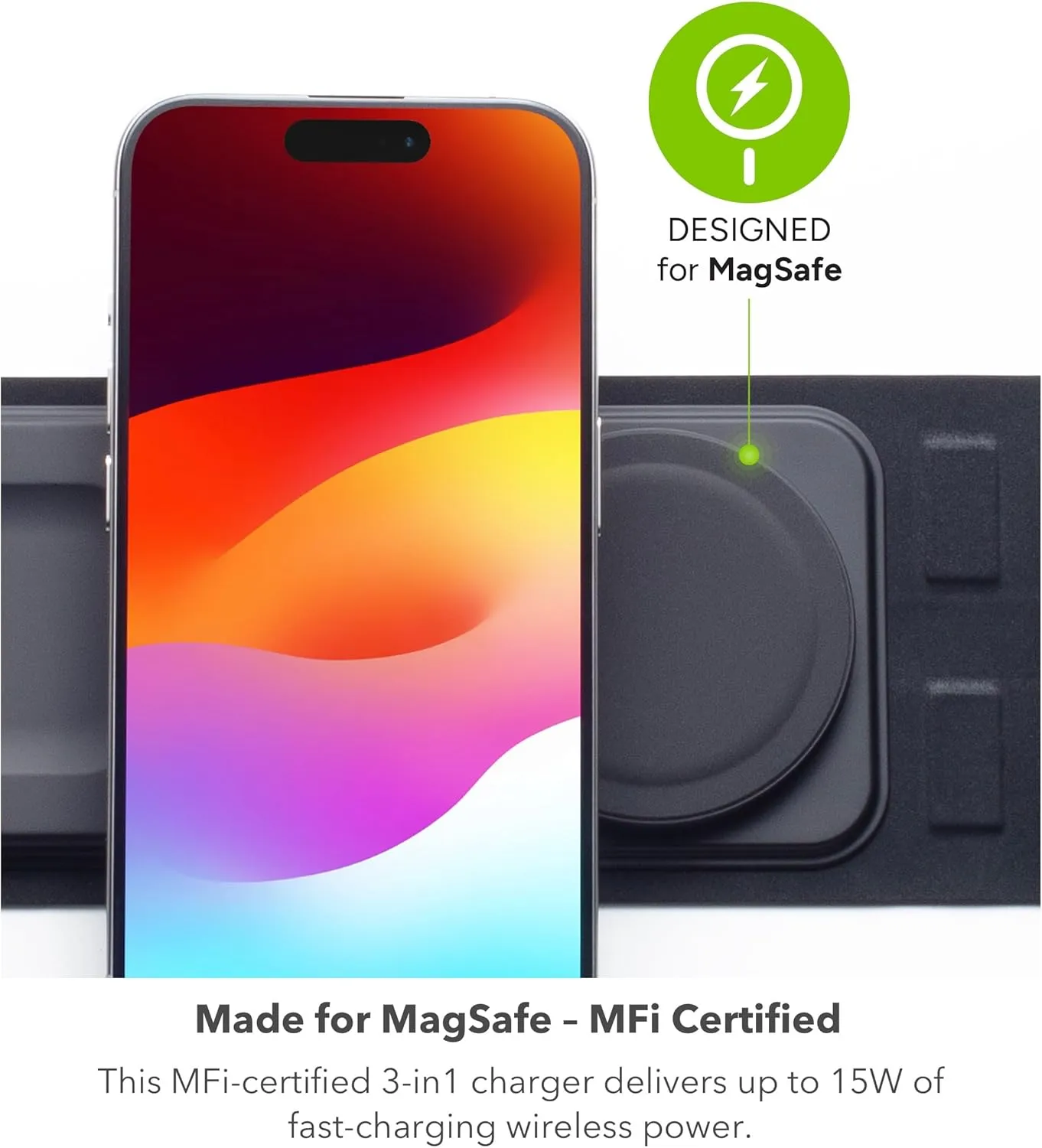 Mophie 3-in-1 Travel Charger v2 with MagSafe - Portable Wireless Charging Hub, Compatible with Apple Devices, iPhone 16/15/14/13/12, Apple Watch Series 10 to 1 & Ultra, AirPods Pro/3rd Gen, Black