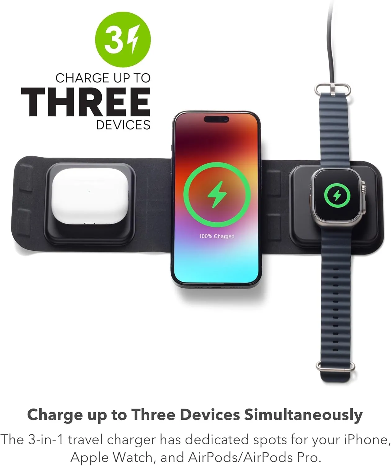 Mophie 3-in-1 Travel Charger v2 with MagSafe - Portable Wireless Charging Hub, Compatible with Apple Devices, iPhone 16/15/14/13/12, Apple Watch Series 10 to 1 & Ultra, AirPods Pro/3rd Gen, Black