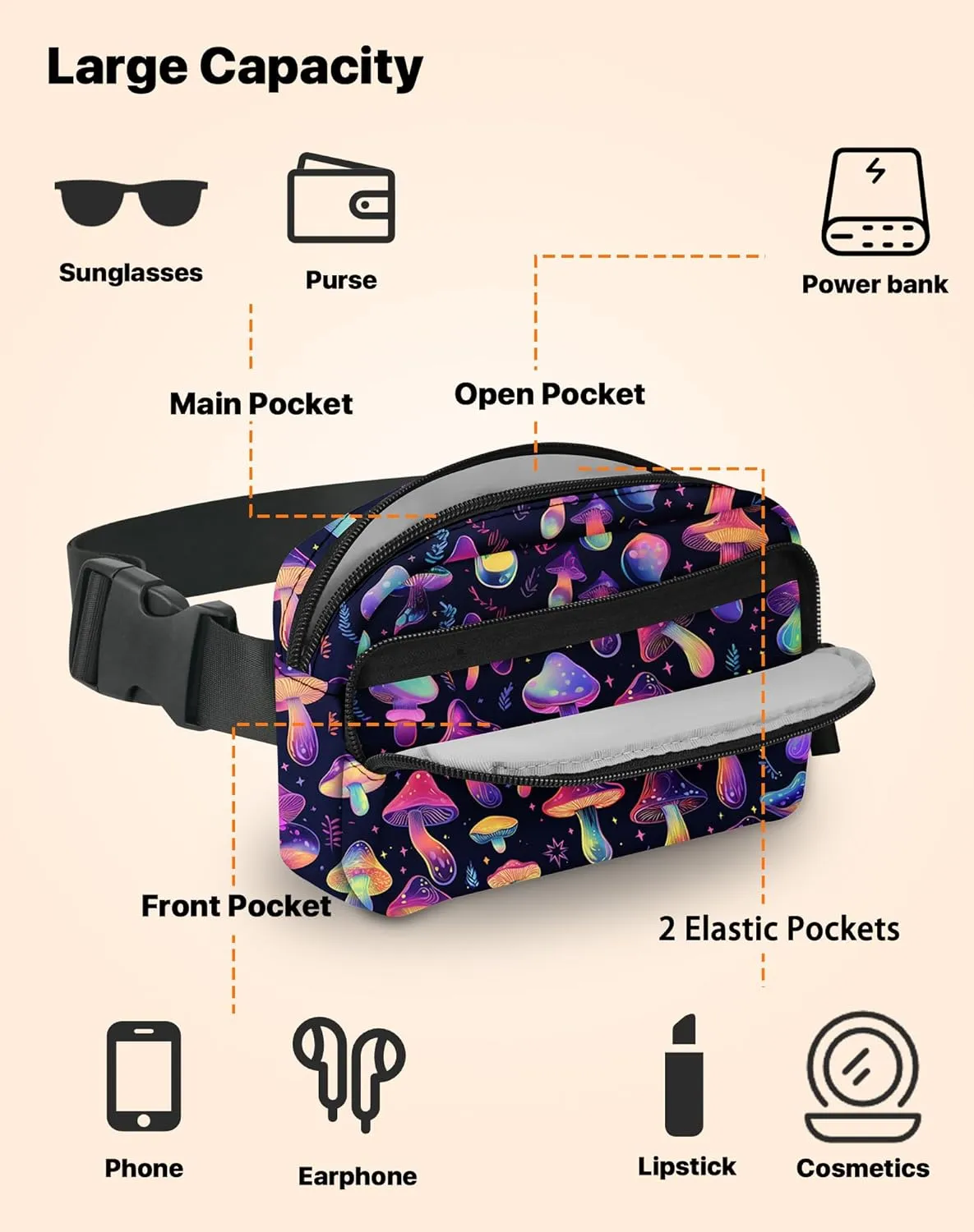 Mushroom Fanny Pack Fashion Belt Bag Lightweight Waist Pouch with Adjustable Strap Mini Crossbody Bags for Women Travel Sports Running