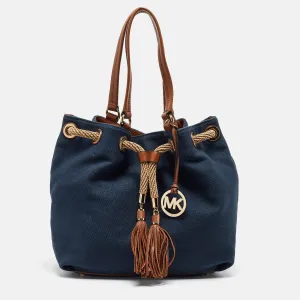 Navy Blue/Brown Canvas Marina Drawstring Tote
