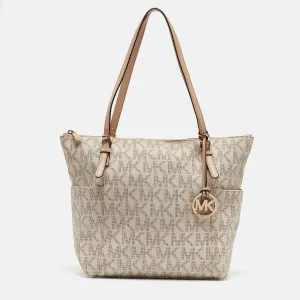Off White/Beige Signature Coated Canvas and Leather Jet Set Top Zip Tote