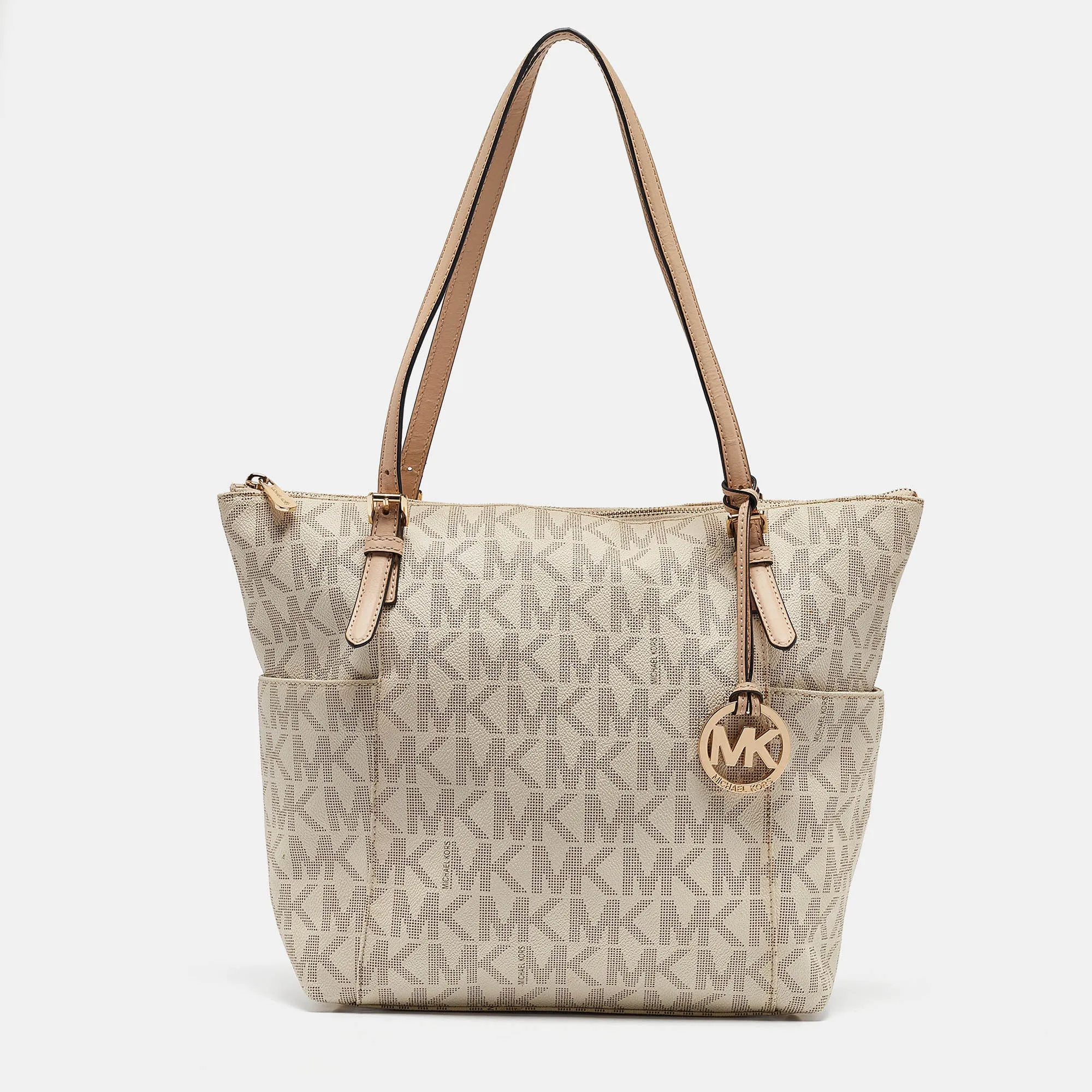 Off White/Beige Signature Coated Canvas and Leather Jet Set Top Zip Tote