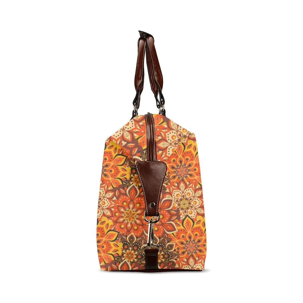 Orange Boho Bag, 70s Hippie floral Duffel Bag, Retro Travel Bag, Carry on flight Bag