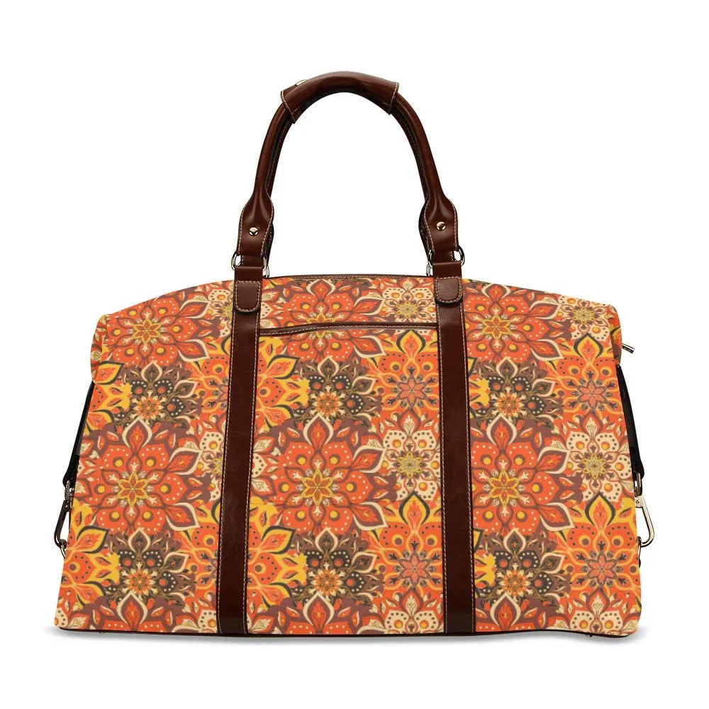 Orange Boho Bag, 70s Hippie floral Duffel Bag, Retro Travel Bag, Carry on flight Bag