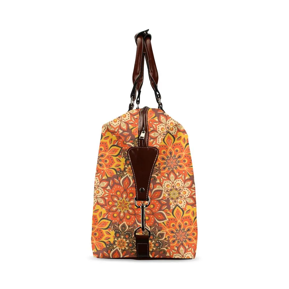 Orange Boho Bag, 70s Hippie floral Duffel Bag, Retro Travel Bag, Carry on flight Bag