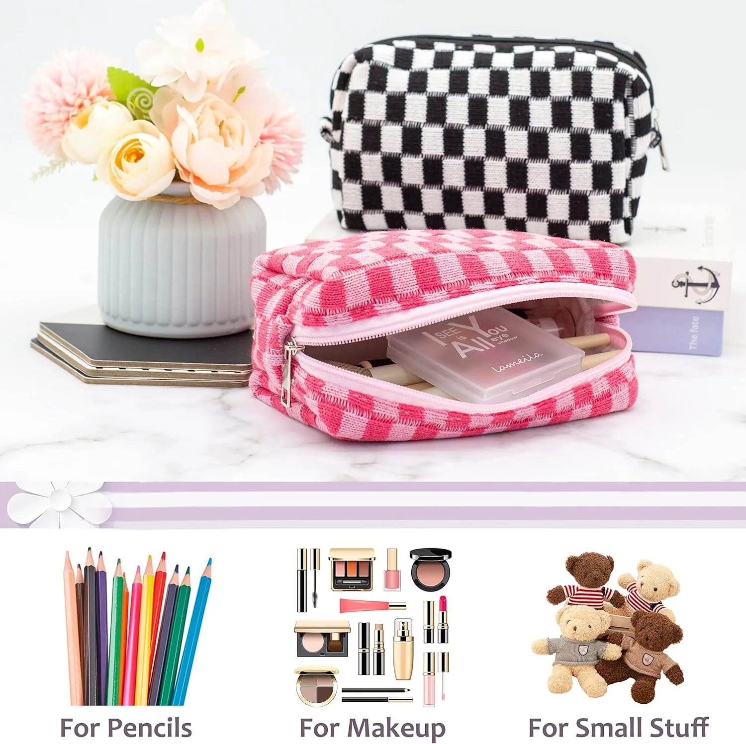 PAZIMIIK Checkered Makeup Bag for Purse Portable Zipper Make Up Pouch Small Cosmetic Case for Travel Accessories (2PCS Hotpink)