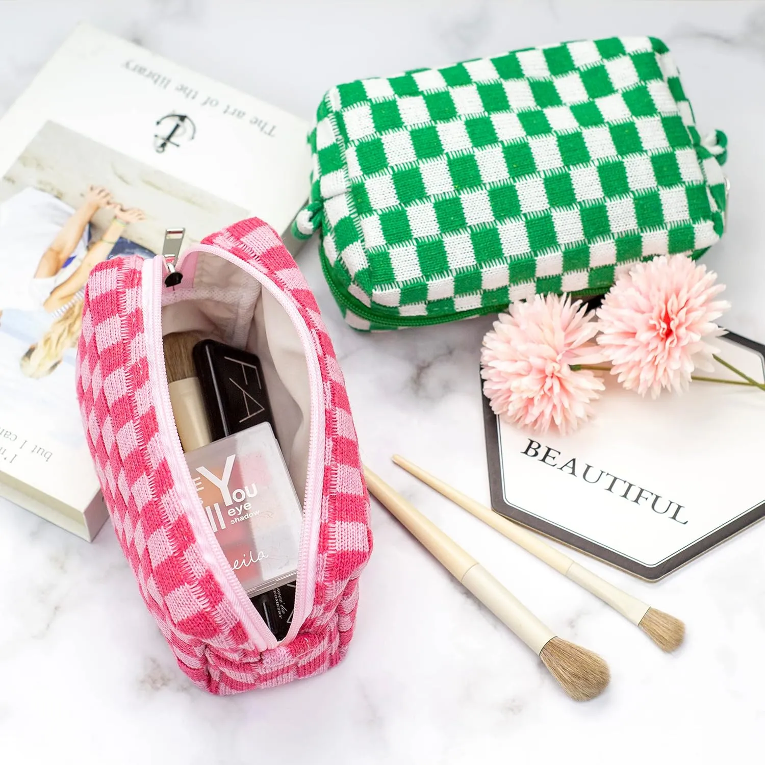 PAZIMIIK Checkered Makeup Bag for Purse Portable Zipper Make Up Pouch Small Cosmetic Case for Travel Accessories (2PCS Hotpink)