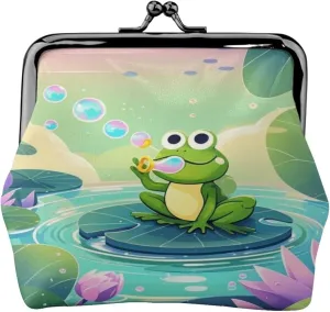 Pond Frog Bubbles PU Leather Kiss Lock Coin Purse Mini Wallet for Women Gifts