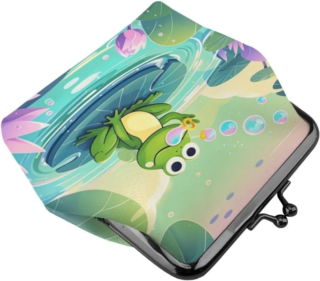 Pond Frog Bubbles PU Leather Kiss Lock Coin Purse Mini Wallet for Women Gifts