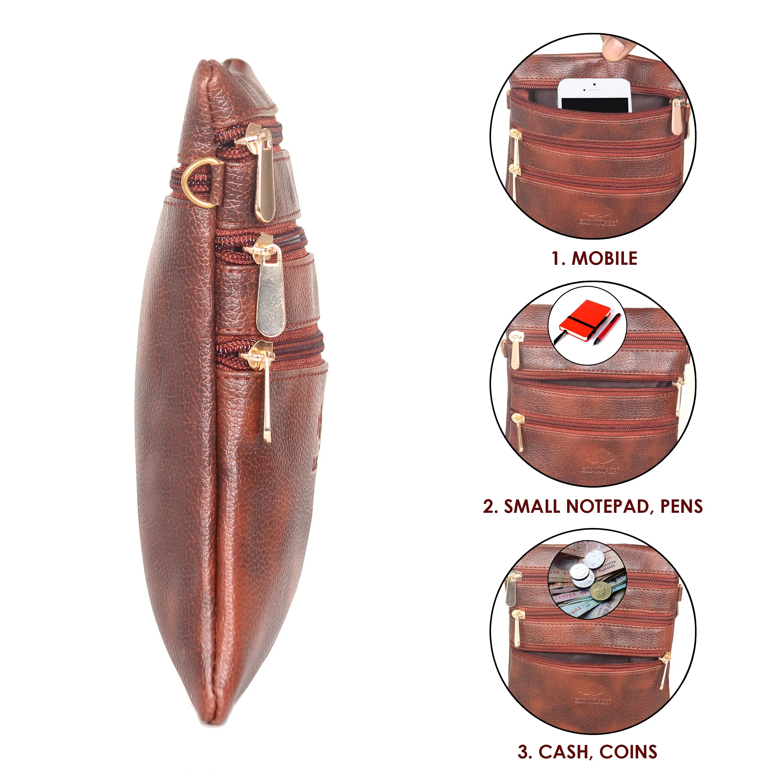 THE CLOWNFISH Hazel Faux Leather Sling Bag - Lightweight, Stylish Design | Combo of 3 Front Pockets | 0.9L | Tan