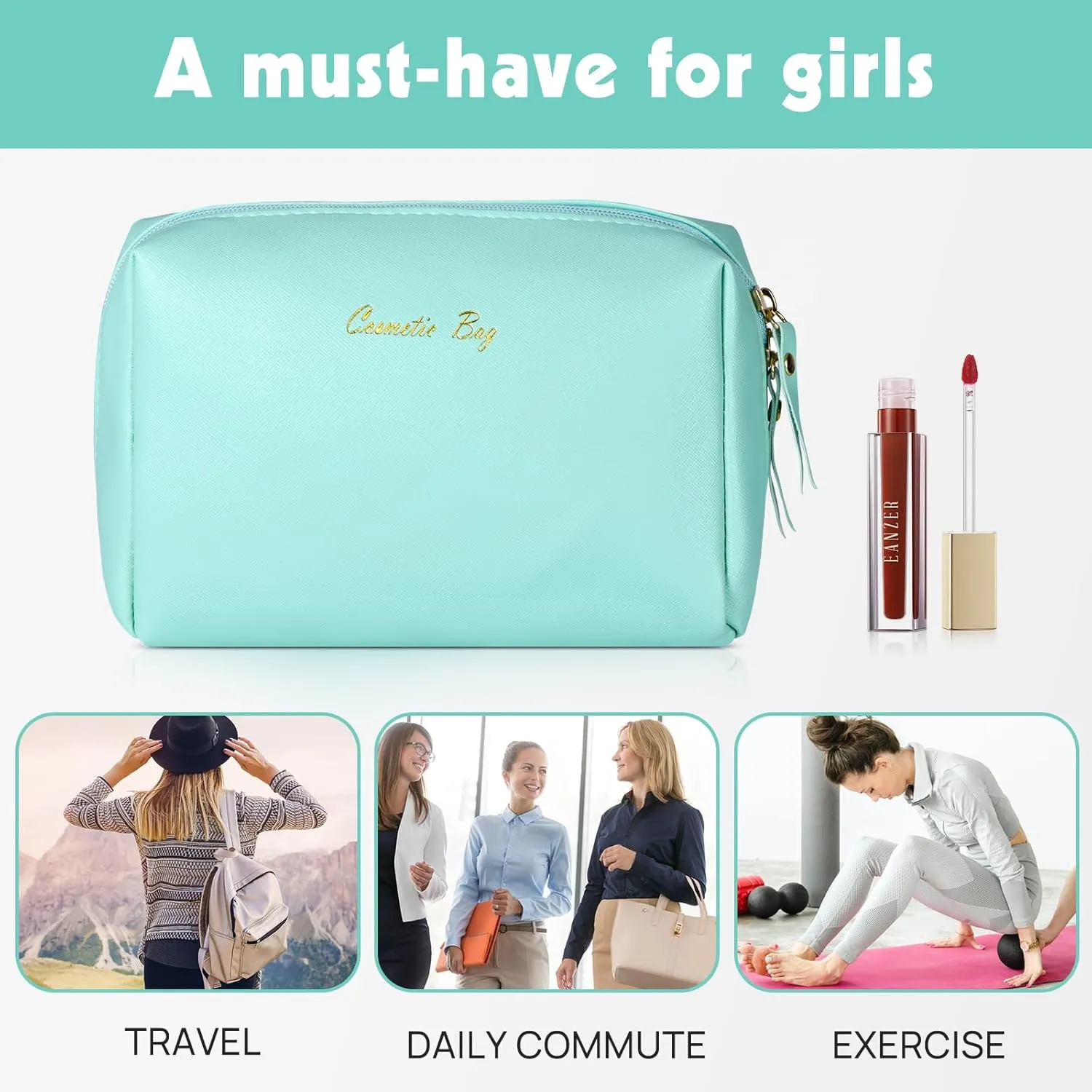 Topwey Makeup Bag, Travel Essentials Cosmetic Bags for Women, Waterproof Portable Pouch travel toiletry bag with Divider (Turquoise, Small)