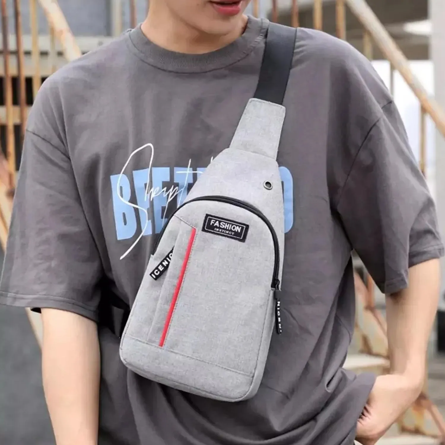 Waterproof Anti-Theft Crossbody Fanny Pack with USB Charging & Earphone Hook (Grey/Blue)