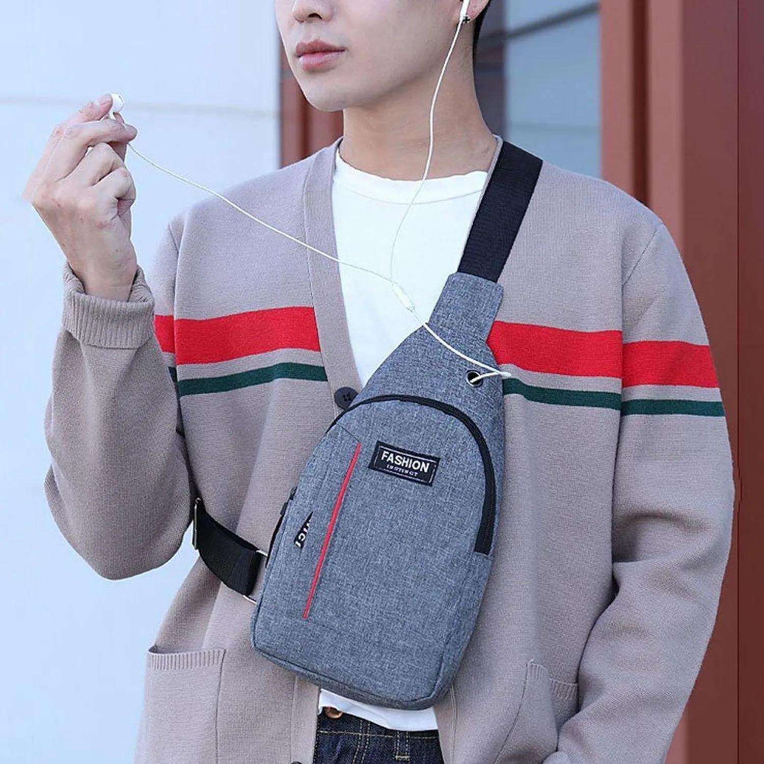 Waterproof Anti-Theft Crossbody Fanny Pack with USB Charging & Earphone Hook (Grey/Blue)